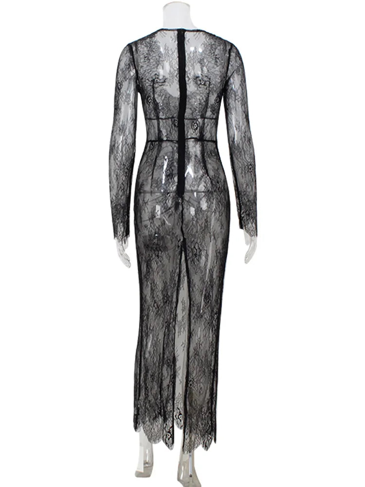 Ahagaga Sexy Club Dresses For Women Lace Solid Sheath Rehular Long Sleeves V-Neck Sheer Slim Fit Maxi Bodycon Female Vestidos