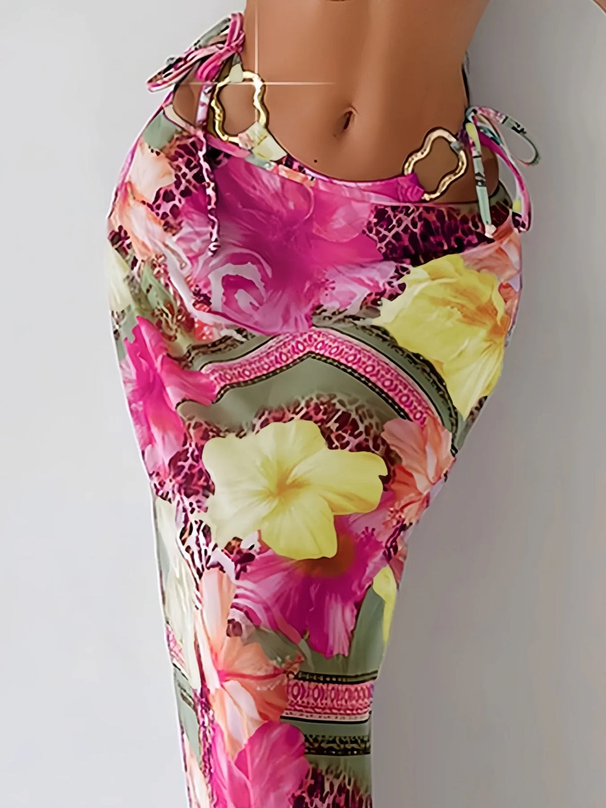 Vintage Pink Floral Print Bikini Women Sexy Metal Ornament Push Up Thong Swimsuit 2025 Beach Bathing Suit Skirt 3 Piece Swimwear