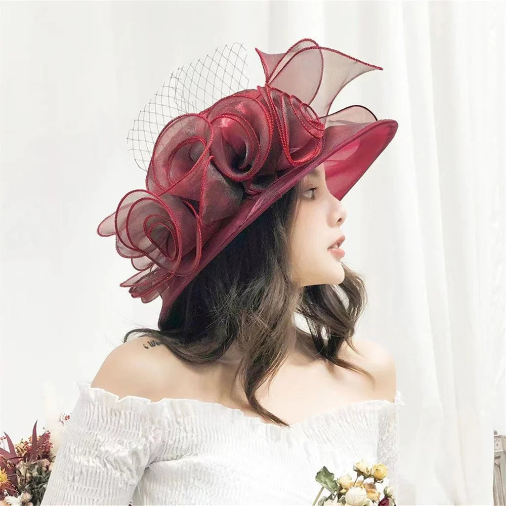 Women Organza Hat 3D Flower Wide Brim Top Hat French Sun Caps for Church Tea Party Wedding
