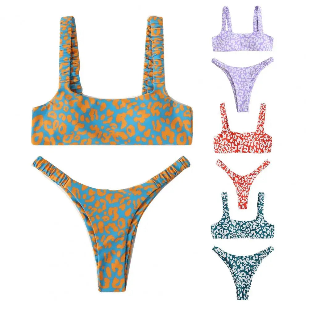 2 Pcs/Set Lady Swimwear Set Leopard Print Quick Dry Women Bathing Suit Slim Fit Wireless Summer Bikini Set For Beach