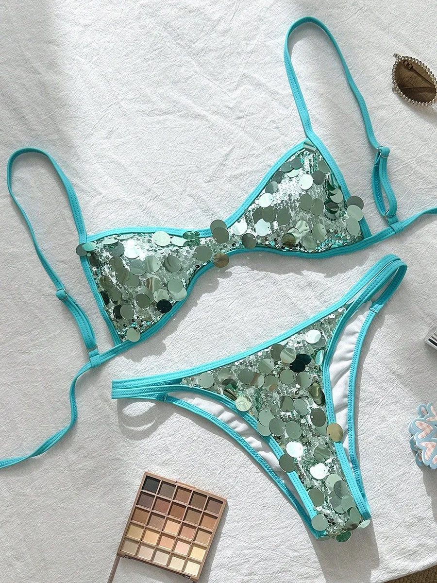 XS - L Glitter Sparkling Squins Bikini Female Swimsuit Women Swimwear Two-pieces Bikini Set Halter High Cut Bathing Suit Swim