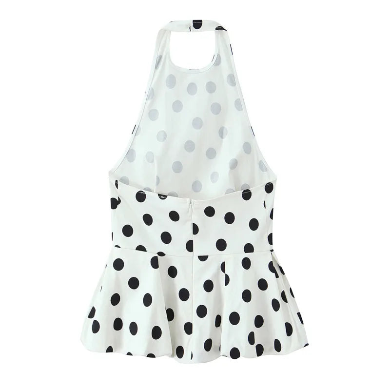 Women's Casual Fashion Polka Dot Balloon Style Top White Black Polka Dot Halter Neck Top For Women Summer Casual Wear 1LWP