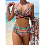 Women Bathing Suit 3 Piece Swimsuit Kimono Cross Wrap High Waist Bikini Beach Cover Up Swimwear Africa Print Bathing Suit Beach
