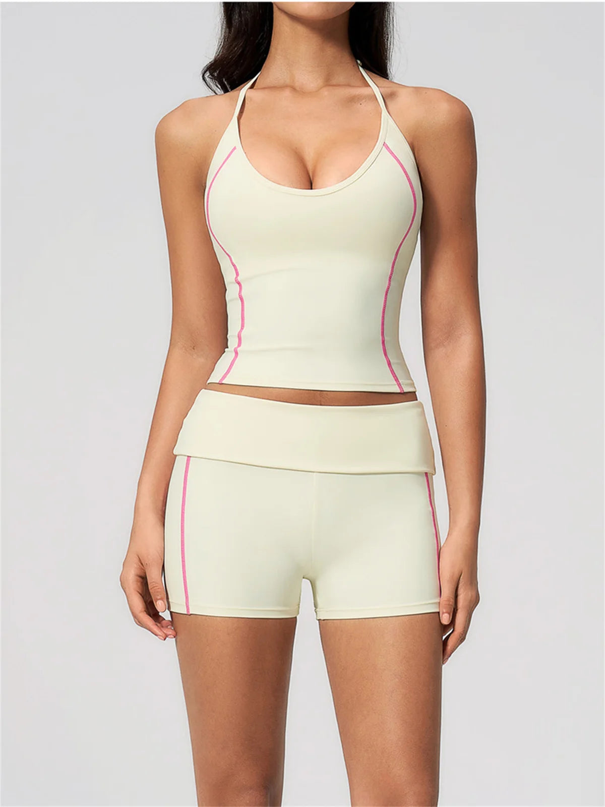 2PCS Women Yoga Sets Color Contrast Hanging Neck V Neck Slimming Sports Tank Top Flip High Waist Shorts Gym Running Fitness Suit