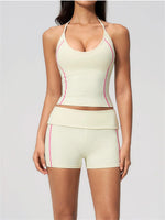 2PCS Women Yoga Sets Color Contrast Hanging Neck V Neck Slimming Sports Tank Top Flip High Waist Shorts Gym Running Fitness Suit