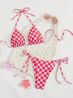 Sexy Pink Plaid Micro Bikini 2026 Women Halter Push Up Bra Tie Side Thong Swimsuit Brazilian Beach Bathing Suit Swimwear Biquini