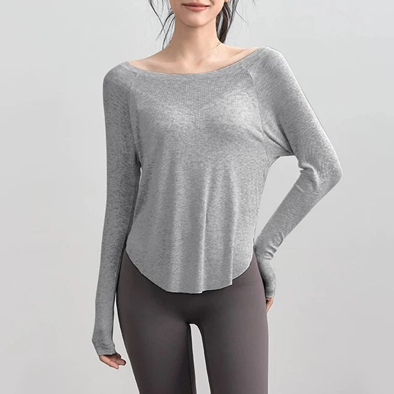 Women's yoga sports T-shirt, Modal ribbed yoga long sleeved outdoor sports loose top slimming yoga T-shirt cover