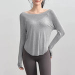 Women's yoga sports T-shirt, Modal ribbed yoga long sleeved outdoor sports loose top slimming yoga T-shirt cover