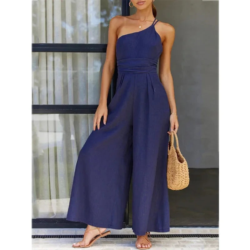 Foridol Waist Folds Backless Double Strap Casual Wide Leg Jumpsuit Long Pants Green 2025 New Female LooseJumpsuit