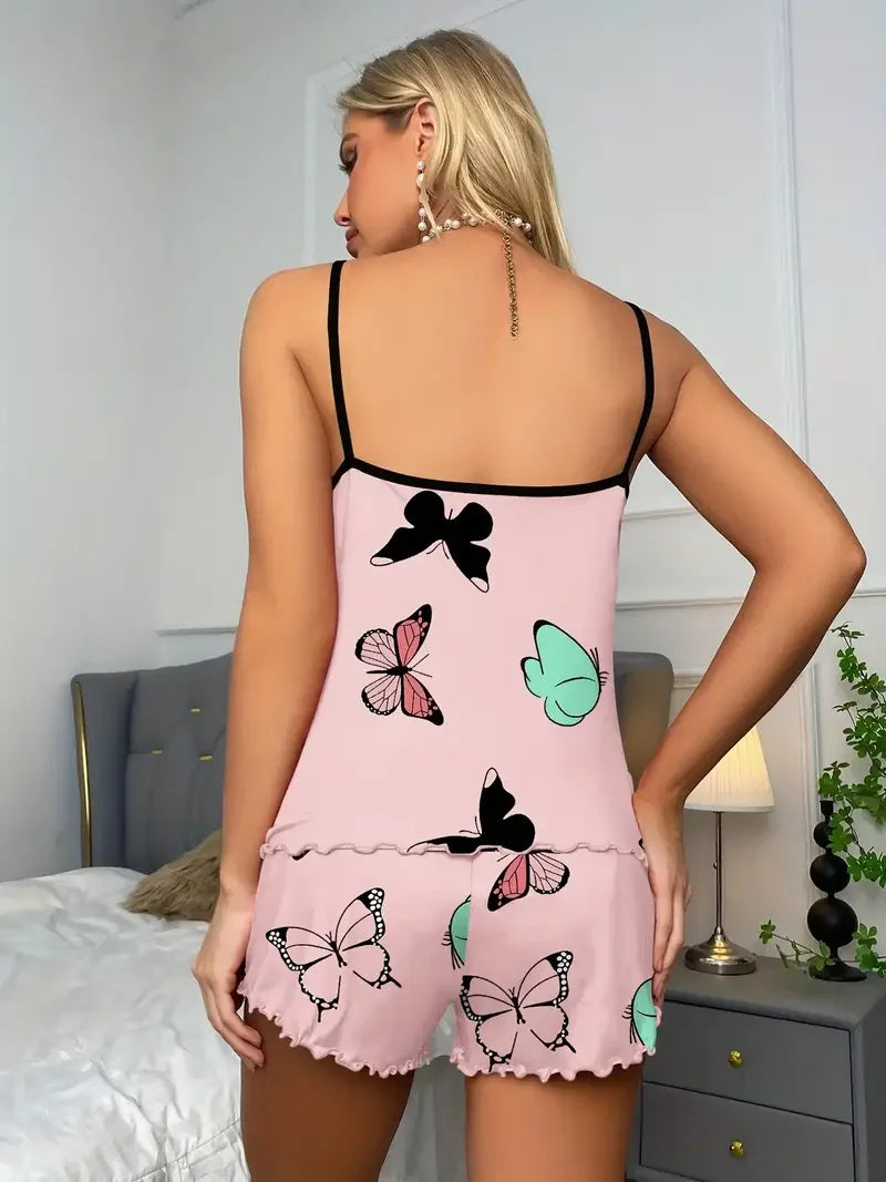 Butterfly Print Pajama Set Lettuce Trim Cami TopElastic Waistband Shorts WomenSleepwear Loungewear