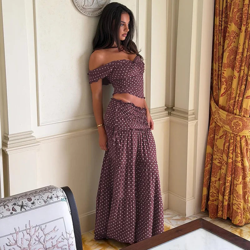 FDYOUI Woman Clothing Polka Dot Crop Tops and Lace-up Skirt Two Piece Sets Female Elegant Slash Neck Long Vacation Dresses Suit