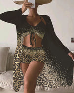 Women Bathing SuitPrint Leopard Bikinis 3 Pieces Swimsuit Kimono High Waist Bikini Shorts Long Sleeve Beach Cover Up Swimwear