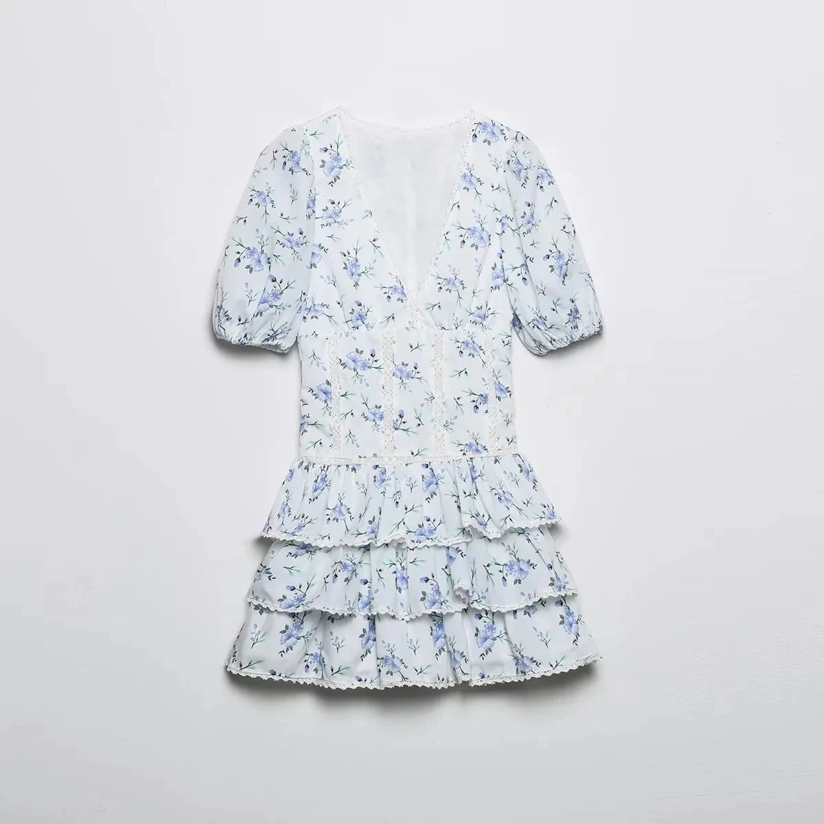 Foridol Blue Flower Print Women Tiered Mini Aummer Autumn Beach Dress Puff Sleeve Vintage Party Cotton Short Boho Lace Dress