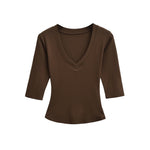 New Pure Desire Casual Style T-Shirt Hot Girl Sexy V-Neck Wool Lyocell Stretch Slim Fit Mid-Sleeve Solid Color Thin T-Shirt WLOC