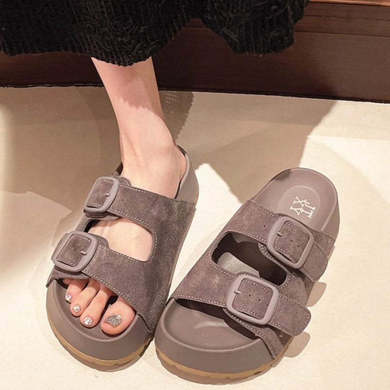 Women Leisure Slippers Retro Trend With Buckles Female Summer Casual Shoes Comfortable Beach Slides Girls Platform Sandals