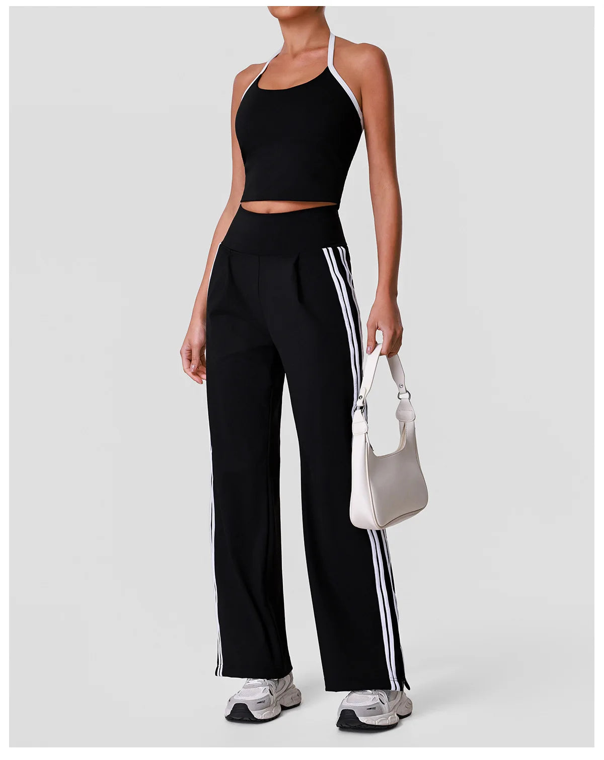 New Contrasting Striped Yoga Sets Women Hanging Neck Slim Sports Vest Gym Outfits High Waist Pocket Pants Running Fitness Suits