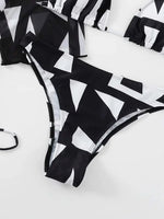 New Summer Women Geometric Print 3 Pieces Swimsuit Drawstring Mesh Bodysuit+Micro Bikini Swimwear Push Up Bathing Suit Beachwear