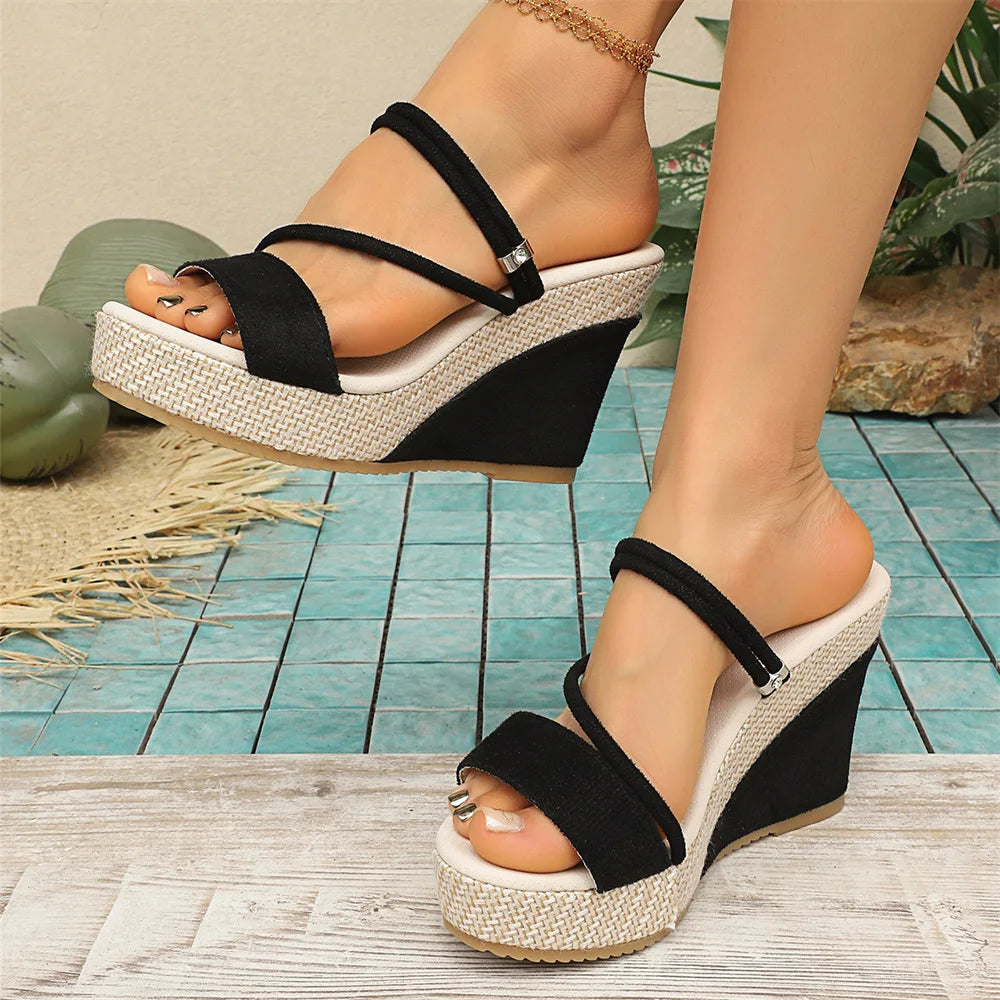 Women's Black Suede Dual Straps Straw Wedge Slide Mules Platform Sandals Summer Beach Travel Daily Casual Shoes EUR Size 43