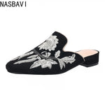 NASBAVI Fashion 3d Embroidery Mules Women Fur Slippers Velvet Shoes Ladies Low Heel Flower Decoration Sandals Women's Flip Flops