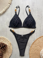 Sexy Pearls Strap Hole Out Micro Bikini Women Brown Knitted Push Up Bra Thong Swimsuit Summer Bathing Suit Holiday Swimwear 2026