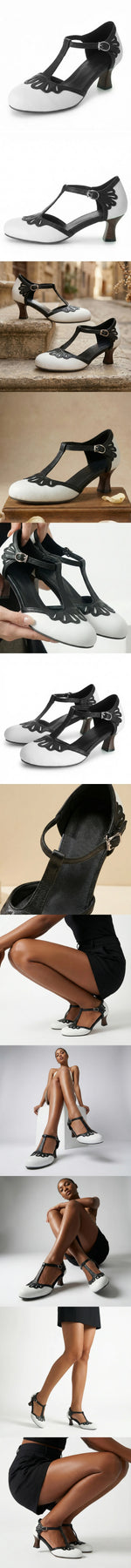 Big Size 32-50 Women's Vintage Cutout T-Strap Sandals Round Toe 6cm Kitten Heel Summer Casual Dance Shoes Black/Brown/White