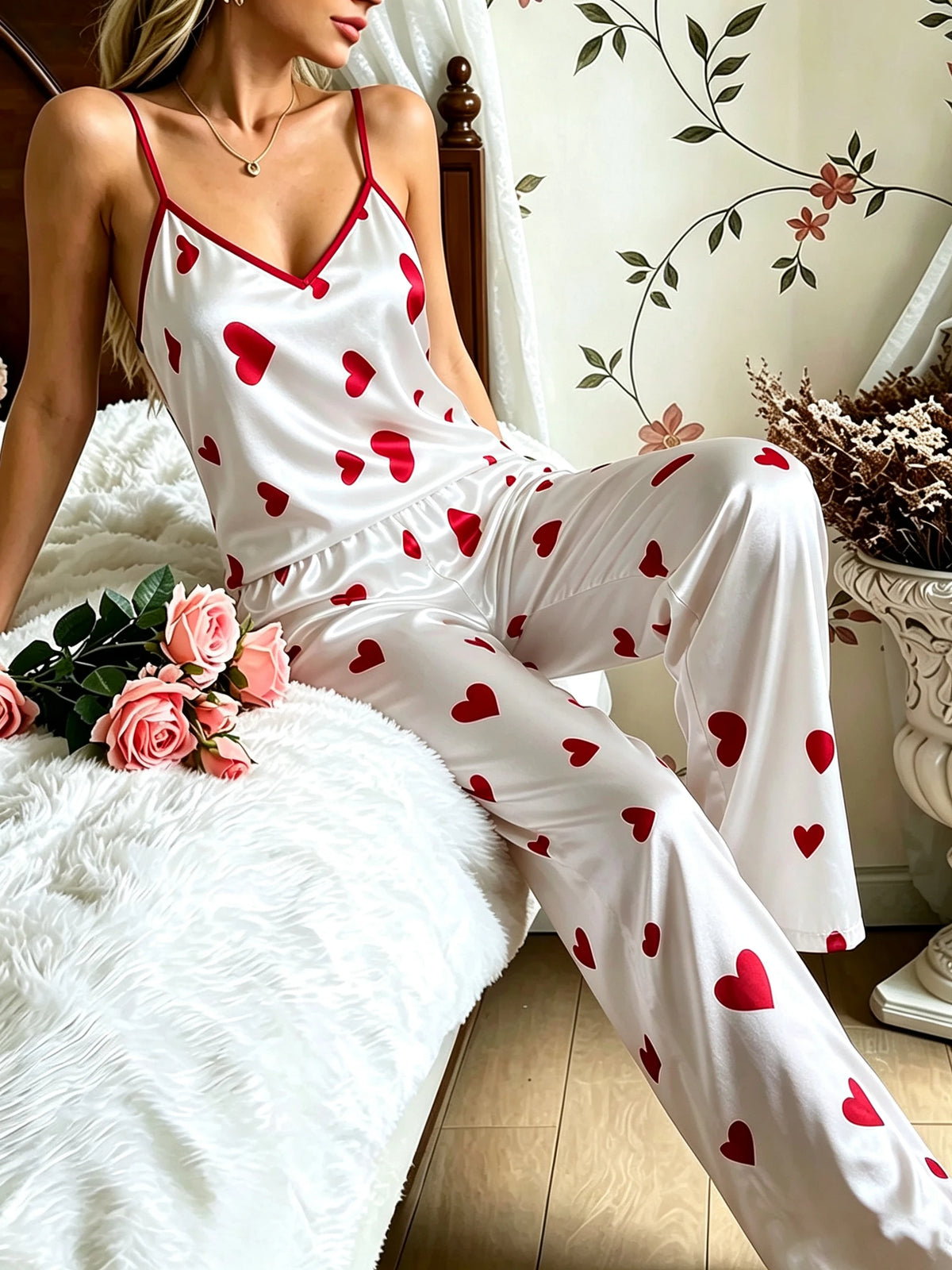 Autumn New Women Pajama Set Heart Print Spaghetti Strap Cami Top and Pants 2 Piece Sleepwear Ladies Home Loungewear