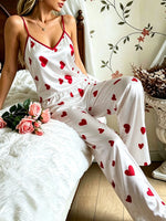 Autumn New Women Pajama Set Heart Print Spaghetti Strap Cami Top and Pants 2 Piece Sleepwear Ladies Home Loungewear