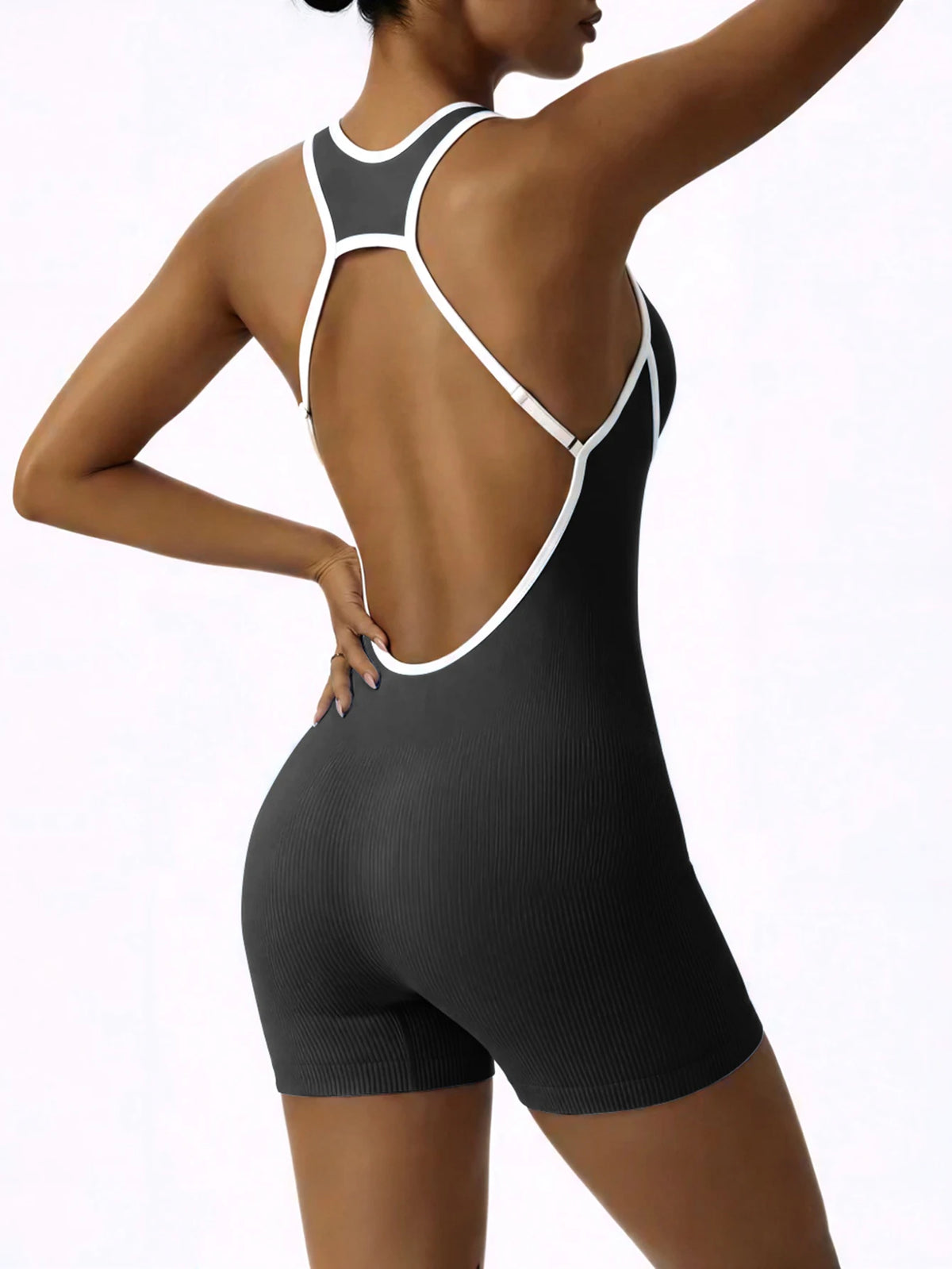 Sleeveless Contrast Trim Backless Yoga Romper Seamless Body Shaping Sport Jumpsuit for Running Training