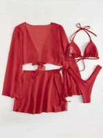 4pcs Red Bikinis Sets Women Mesh Long Sleeve Cover Up with Skirt Swimsuit 2024 Summer Push Up Beach Bathing Suit Thong Swimwear