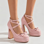 Big Size 45 Women's Sweet Pink Mary Jane 10.5cm High Heels Pumps Lolita Round Toe Bow Cross-Strap Platform Chunky Heel Shoes
