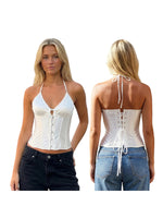 Women Retro Fishbone Tank Tops Sleeveless Slim Fit Corset Summer Open Back Bandage Vest Summer