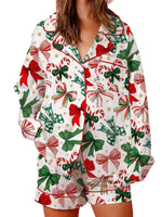 Women's 2025 Satin Christmas Pajama Set Long Sleeve Lapel Bow Print Shirt Wide Leg Shorts Loose Two Pieces Sleepwear