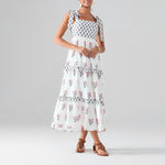 Flower Print Tie Strap Swing Dress Women A-Line Square Neck Tiered Ruffled Summer Bohemian Beach Long Tank Dress