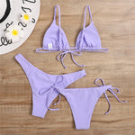 Sexy 3 Piece Bikini Set Women Solid Blue Purple Push Up Bandage Triangle Swimsuit Brazilian Beach Bathing Suit Swumwear Biquini