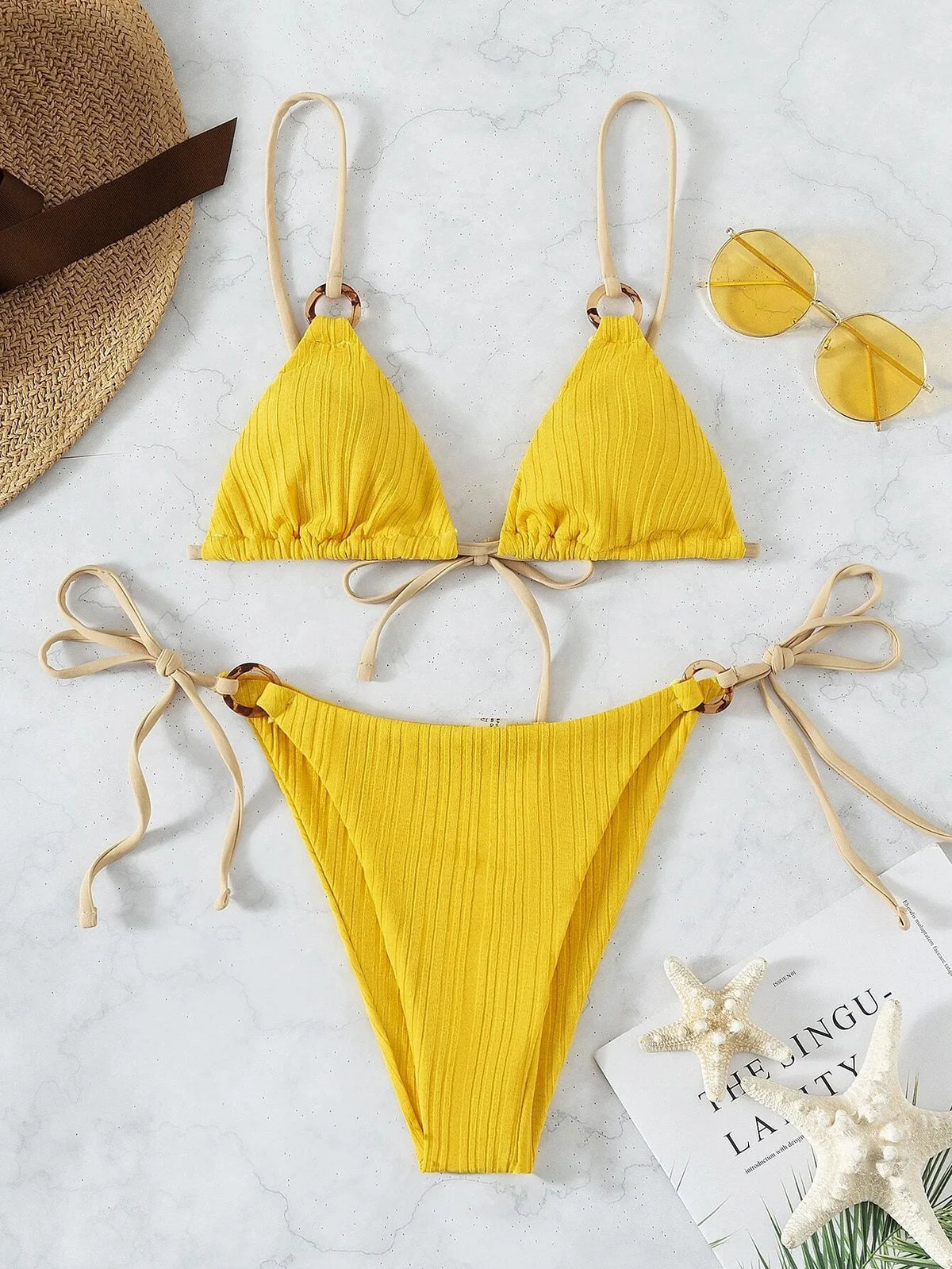 Sexy Rib Texture Triangle String Bikini Set Women Push Up Padded Thong Swimsuit Female Cut Out Bathing Suit Swimwear Biquini