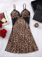 1 piece of leopard-print hollow-out lace tie-up women's camisole nightgown