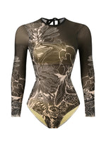 2026 Printed Mesh Swimsuit One Piece & Beach Dress Long Sleeves Swimwear Women Bathing Swimming Swim Suit Padded Beachwear