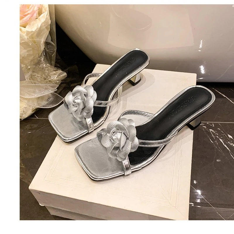 Women Sandals Flower Decor Low Heels Sandals Elegant Point Toe Pumps Fashion Ankle Strap High Heels shoes women slides women