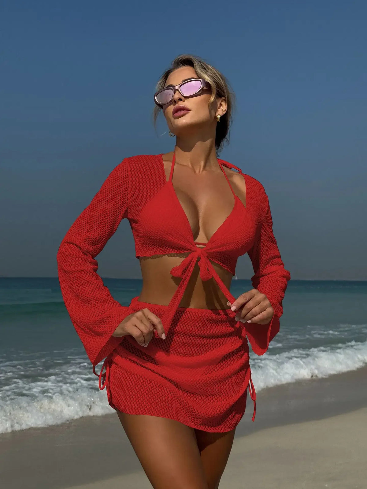 Summer 4 Piece Bikini Set 2025 Women Sexy Black Long Sleeve Cover Up and Skirt Swimsuit Beach Bathing Suit Holiday Swimwear