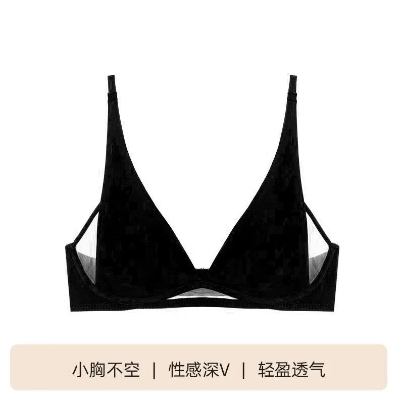 French Triangle Bra Rabbit Ear Cup, Deep V Wireless Bralette for Small Bust, No Gap Sexy Lingerie Set, Breathable Summer Thin