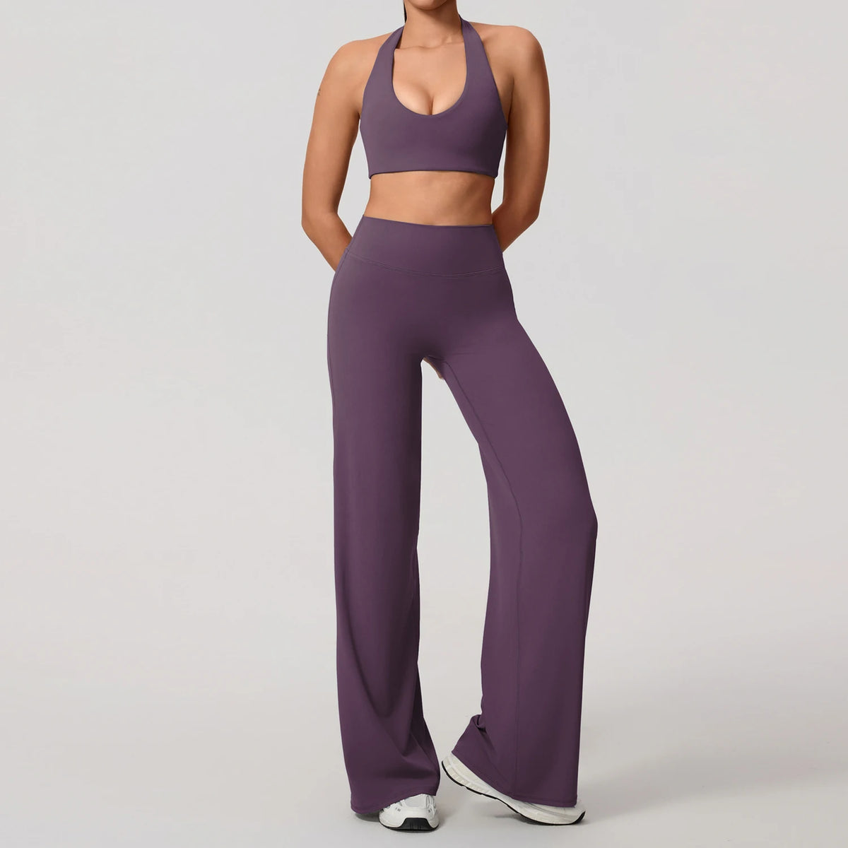Hearuisavy Summer Yoga Set 2Pcs Women Breathable Backless Halter-Neck Sports Bra Push Up Pilates Fitness Top Straight Leg Pants