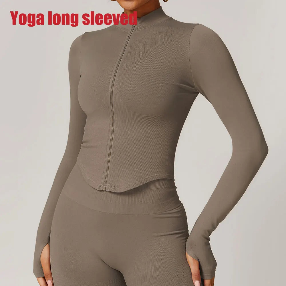 Zipper Jacket Women Crop Tops Yoga T-shirts Solid Sports Top Long Sleeve Running Shirts Sexy Quick Dry Fitness Gym Sport Wear