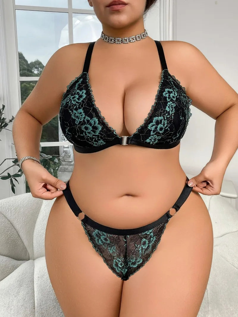 Women's Plus Size Lingerie Sexy Lace Edge Bras and Pants Two-piece Comfortable Gathering Large Underwear Front-button Bra Sets