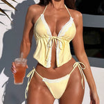 Sexy Triangle Bikini Set Women Yellow Lace Front Tie Push Up Crop Top Micro Swimsuit 2026 Summer Bathing Suit Holiday Swimwear