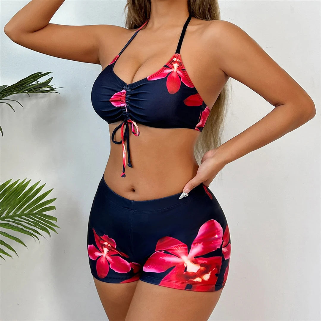 S - XL Long Sleeve Cover Up Flowers Bikini Female Swimsuit Three-Pieces Bikini Set Women Swimwear Bather Bathing Suit Swim V7232