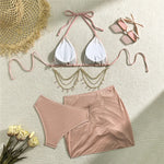 Shiny Pink String Halter Triangle 3 Piece High Waisted Bikini Set Swimwear Skirt Cover Up Rhinestone Chaining Swimsuit Beachwear