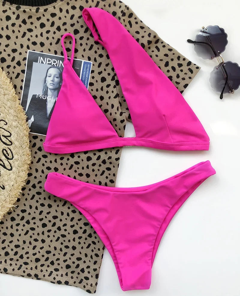 2026 Asymmetric One Shoulder Bikini Women Swimsuit Female Swimwear Two Pieces Bikini Set Hollow Out Bathing Suit Swim Beachwear