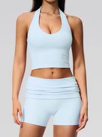 2PCS Yoga Set Women V-neck Cross Neck Shock-absorbing Sports Vest Workout Pleate Flip High Waist Shorts Gym Runing Fitness Suits