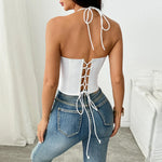 Sexy Imitation Denim Patchwork Lace Corset Women Black White Front Buckle Fishbone Hanging Neck Tie Rope Backless Tank Top Vest