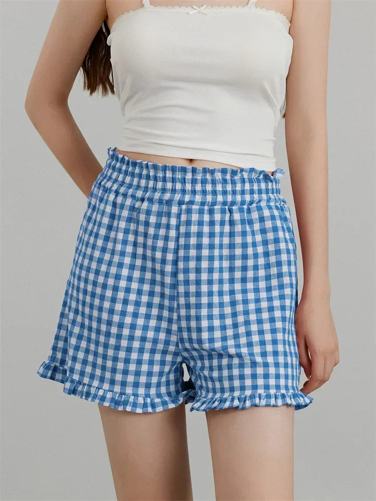 Women's Plaid Shorts Casual Loose Fitting Elastic Waist Shirred Ruffled Trim Short Pants Lounge Shorts